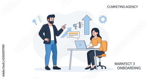 Business team onboarding and marketing strategy with megaphone and growth chart illustration