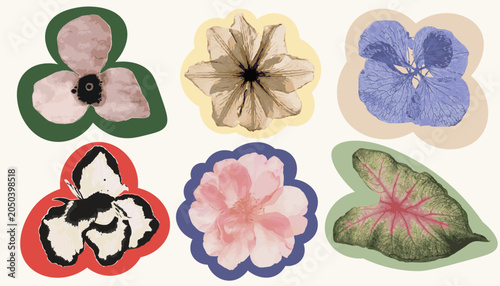 Vector floral textured prints, minimalist Japanese style flowers for pattern, tattoo, or background design