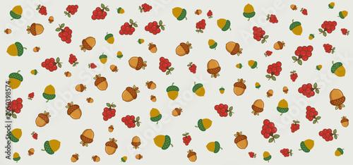 Autumn Pattern with Acorns and Red Berries