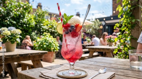 Refreshing Summer Pink Cocktail with Ice Cream and Berries on a Wooden Table in a Sunny Pub Garden