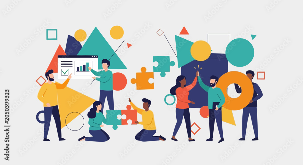 Fototapeta premium Teamwork and Collaboration: Diverse People Solving Puzzles Together