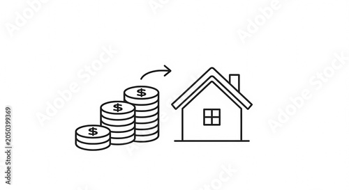 Illustration of coins stacked in increasing order next to a house.