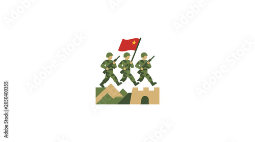 Chinese Soldiers Marching with Flag and Great Wall Illustration