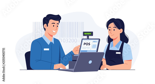Happy Retail Workers at Point of Sale System, Barcode Scanner, Cashier and Customer Service Concept Illustration