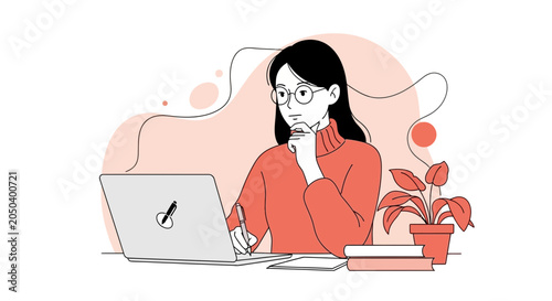 Illustration of a young woman with glasses thoughtfully working on a laptop, surrounded by minimalist design elements.