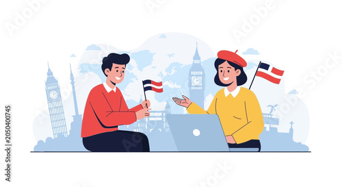 International Business Meeting: People with Dominican and Belgian Flags Discussing Global Trade near London Landmarks
