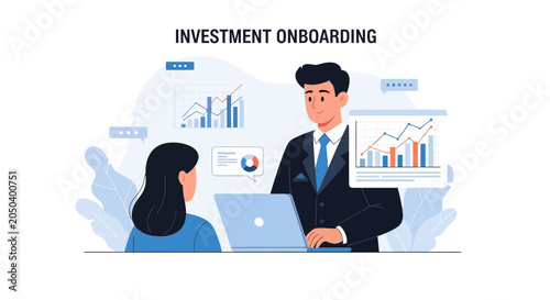 Investment Onboarding Concept: Business Meeting with Financial Charts and Analytics