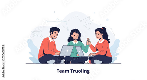 Diverse Team Collaborating on Laptops with Connection Network - Successful Teamwork and Digital Communication