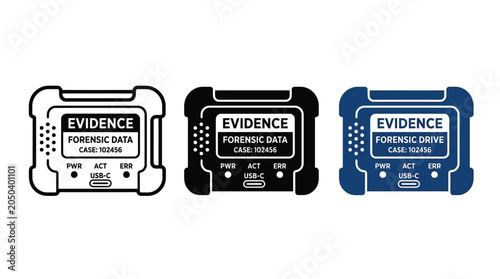 Three digital forensic evidence drive icons displayed in outline solid black and blue styles for investigative data storage and cyber crime scene analysis reporting tasks