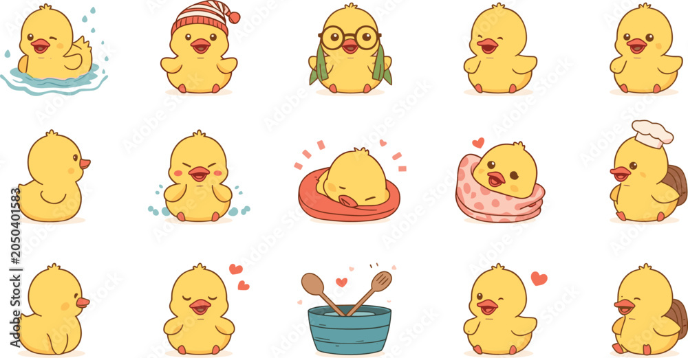 Fototapeta premium Cute Kawaii Baby Duck Sticker Set with Adorable Expressions Including Swimming, Sleeping, Cooking, and Love for Kids Designs