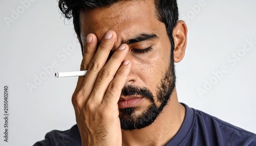 Stressed man holding cigarette with hand covering face