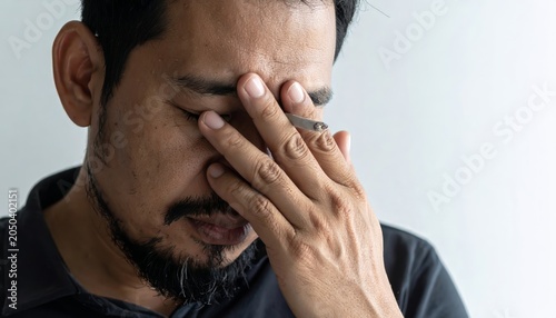 Stressed man holding cigarette with hand covering face