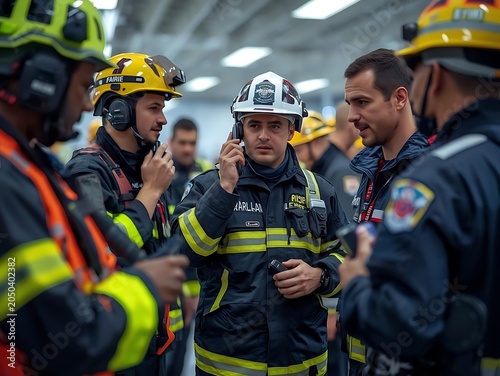 Team of firefighters in full gear celebrating success in fire station with camaraderie