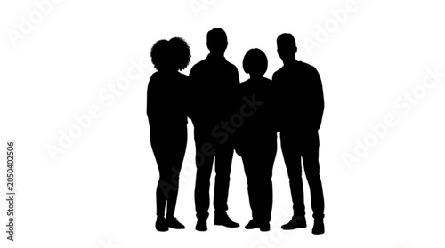 Valokuva Group of four people standing together as a silhouette isolated on transparent b
