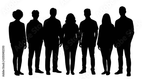 Group of diverse people standing together in black silhouette isolated on transparent background, Vector