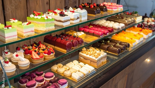 Vibrant pastry display case with variety 