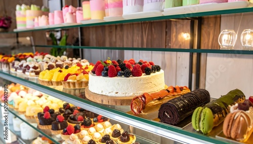 Vibrant pastry display case with variety 