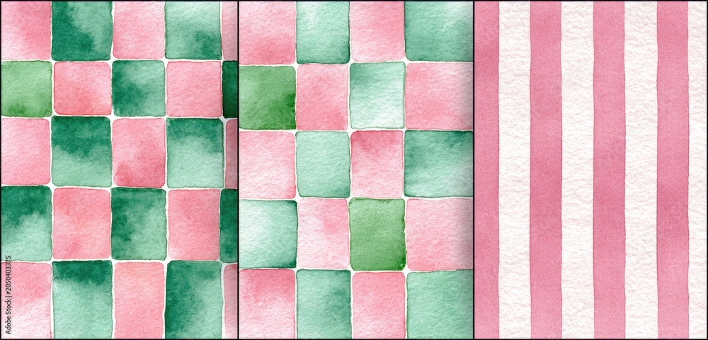 Fototapeta premium Watercolor textures pink, green checkered & striped patterns, painted style
