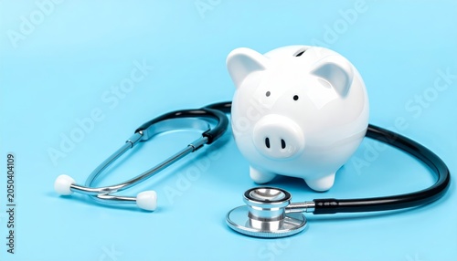 White ceramic piggy bank and stethoscope on light blue background