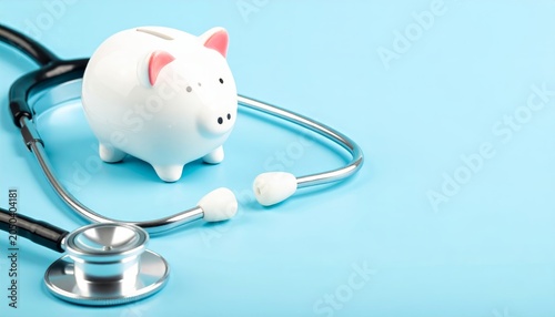 White ceramic piggy bank and stethoscope on light blue background