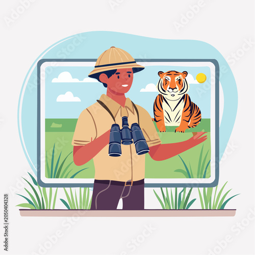 Safari Guide with Binoculars Observing a Tiger in a Natural Habitat