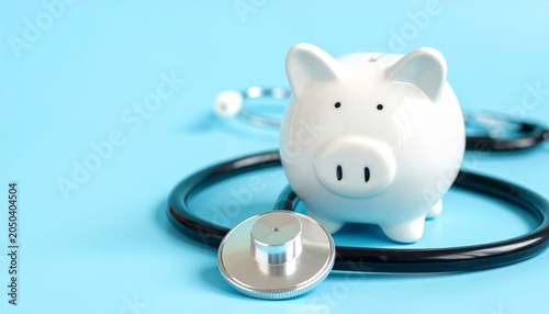 White ceramic piggy bank and stethoscope on light blue background