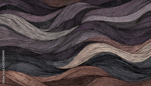 Wavy, textured illustration of strands with varied shades purple, gray, brown, and beige