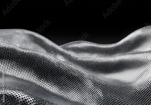 Wavy, textured metallic surface with a mesh pattern against a black background