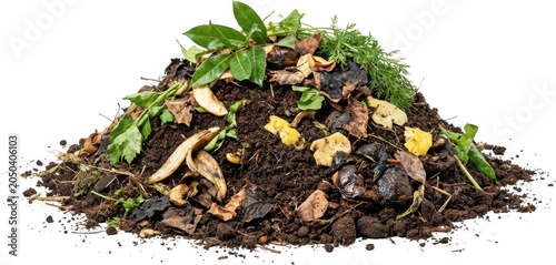 A pile of composted organic matter featuring decaying leaves banana peels vegetable scraps and green plant sprouts composting organic waste soil gardening sustainable