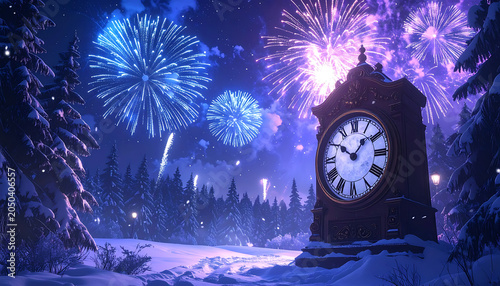 Pixel art grandfather clock in snowy forest at midnight, with fireworks exploding in the night sky, celebrating new year eve