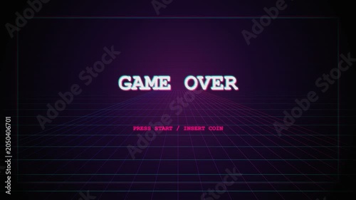 Game over glitch text animation on retro neon synthwave grid background