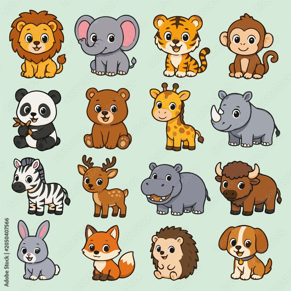 Obraz premium Cute Wild and Forest Animals Cartoon Vector Illustration Bundle for Kids Education