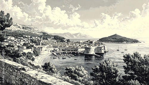 Historic black and white cityscape with river and bridge.