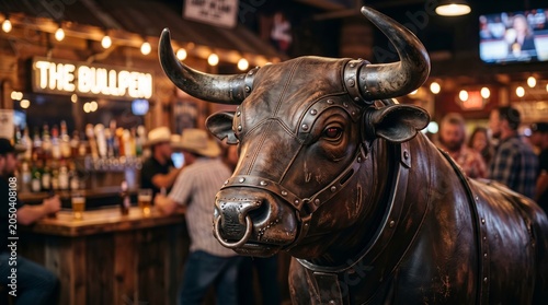 Mechanical bull ride in western saloon. Realistic rodeo machine for entertainment in bar. Evening activity for group of friends in country style pub for party and fun competition event