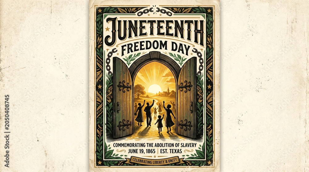 Fototapeta premium Juneteenth Freedom Day vintage style poster illustration showing an African American family walking toward the sunlight. Emancipation commemoration for the end of slavery in Texas 1865