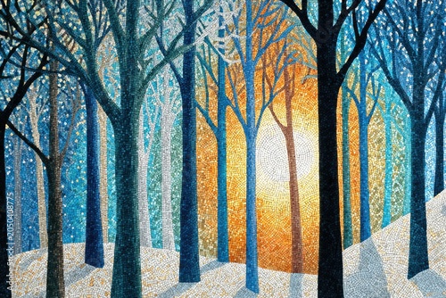 Winter forest scene with a warm sun, blue hues, and snowy ground