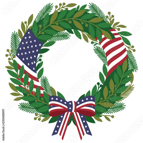 Patriotic american flag wreath with bow and greenery graphic design united states independence day