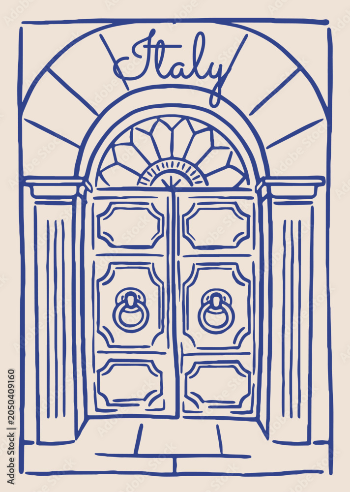 Naklejka premium Ornate Italian doorway shown in bold sketch style on a light background, expressing travel and architecture concepts for cultural themes. Vector illustration