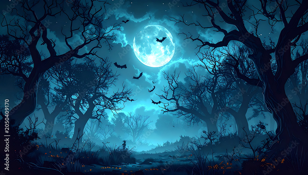 Obraz premium Pixel art spooky forest at night with a full moon, glowing mist, silhouettes of trees, and bats flying, dark fantasy atmosphere