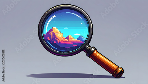 Pixel art magnifying glass revealing vibrant desert landscape, exploration and discovery concept