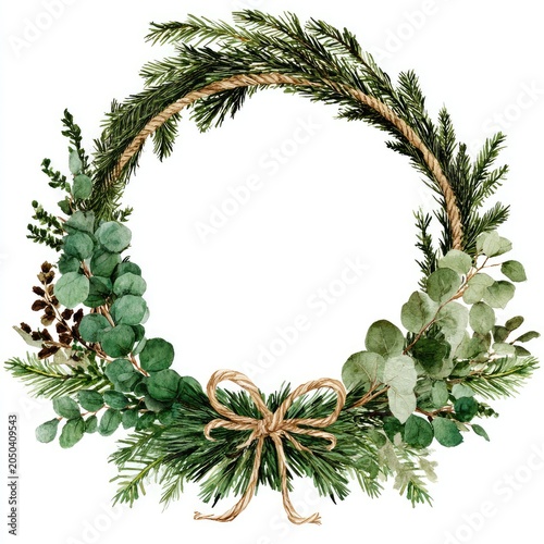 Watercolor wreath with lush greenery, including eucalyptus and a twine bow for festive decor