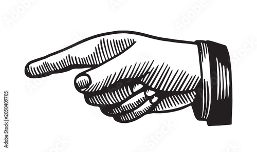 Photos Vintage pointing hand in classic engraving style on white background, symbolizing direction and guidance in a clear composition