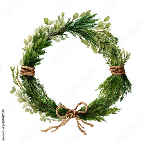 Watercolor wreath with green foliage, tied with twine, perfect for decor
