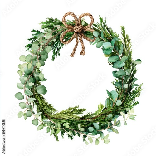 Watercolor depiction of a circular green garland with twine bow