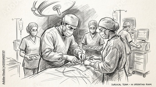 Surgical Team Performing Operation in Black and White Sketch