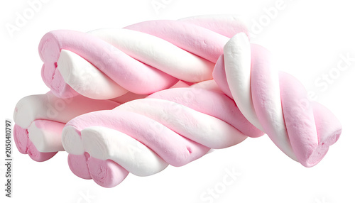 Pile of twisted pink and white marshmallows, sweet confectionery, isolated on white