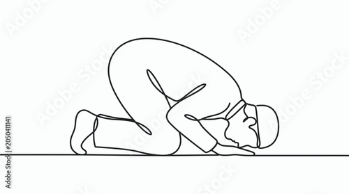 Quadro em tela Continuous line drawing of a Muslim man praying in prostration.