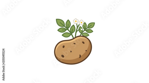 Photos Cute Cartoon Potato with Green Leaves and Small Flowers