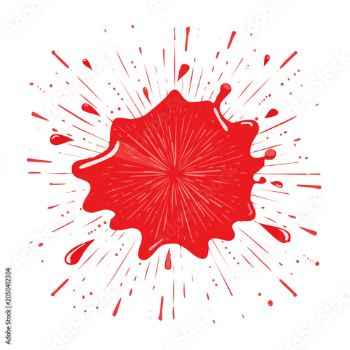 Red ink splash with radiating lines on white background