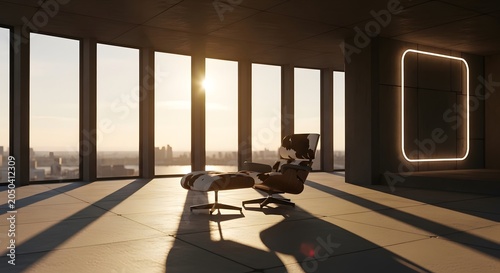 Modern lounge chair in luxury high-rise with cityscape view at sunset